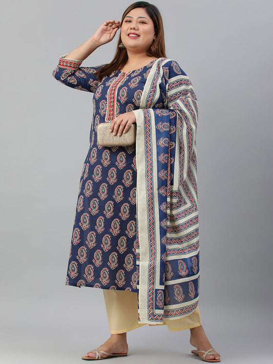 Janasya XL LOVE by Janasya Women's Plus Size Indigo Cotton Kurta With Palazzo and Dupatta | Swadesiicart