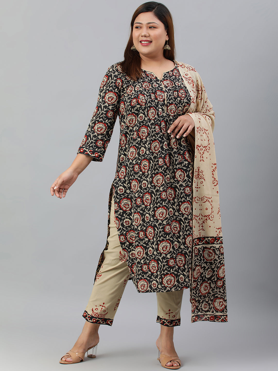Janasya XL LOVE by Janasya Women's Plus Size Black Cotton Kurta With Pant and Dupatta | Swadesiicart