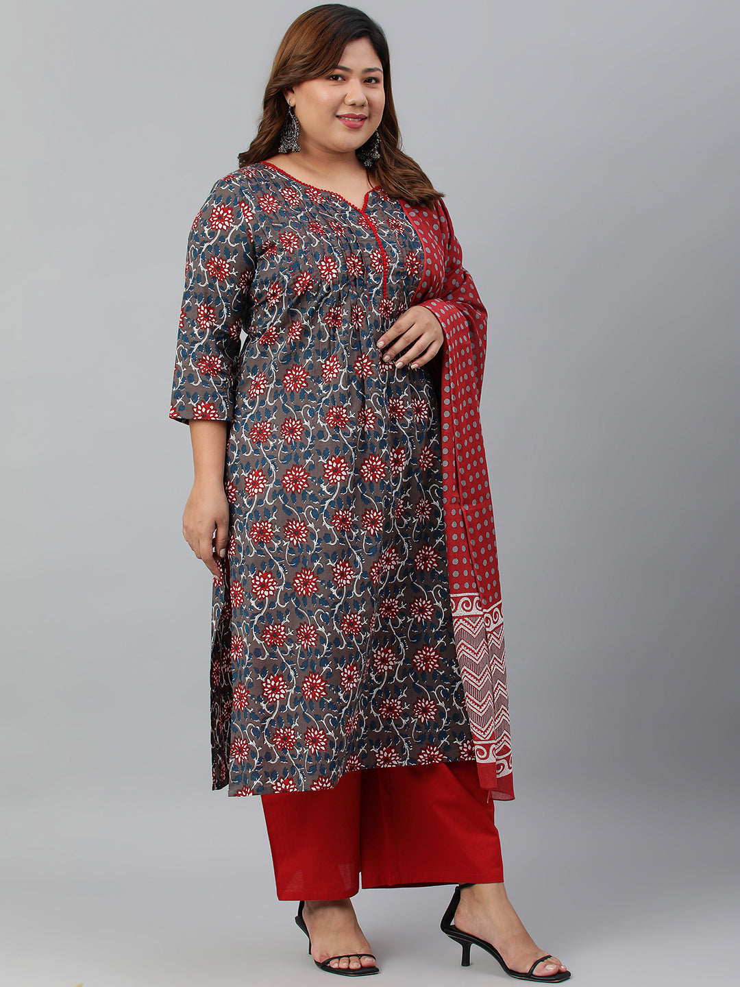 Janasya XL LOVE by Janasya Women's Plus Size Grey Cotton Kurta With Palazzo and Dupatta | Swadesiicart