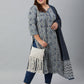 Janasya XL LOVE by Janasya Women's Plus Size Grey Cotton Kurta With Pant and Dupatta | Swadesiicart