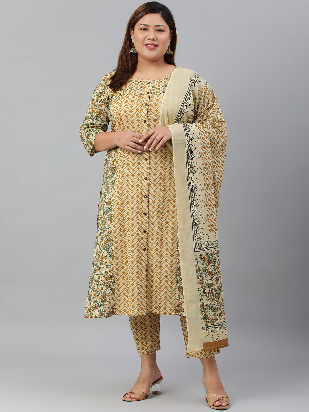Janasya XL LOVE by Janasya Women's Plus Size Beige Cotton Kurta With Pant and Dupatta | Swadesiicart