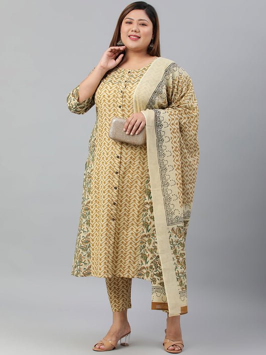 Janasya XL LOVE by Janasya Women's Plus Size Beige Cotton Kurta With Pant and Dupatta | Swadesiicart