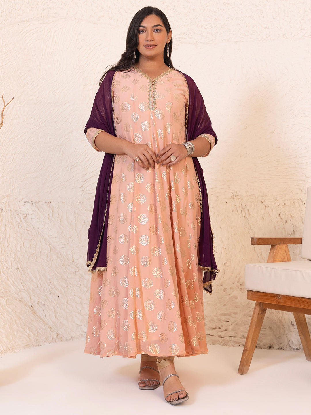 Janasya Peach Georgette Foil Printed Set | Swadesiicart