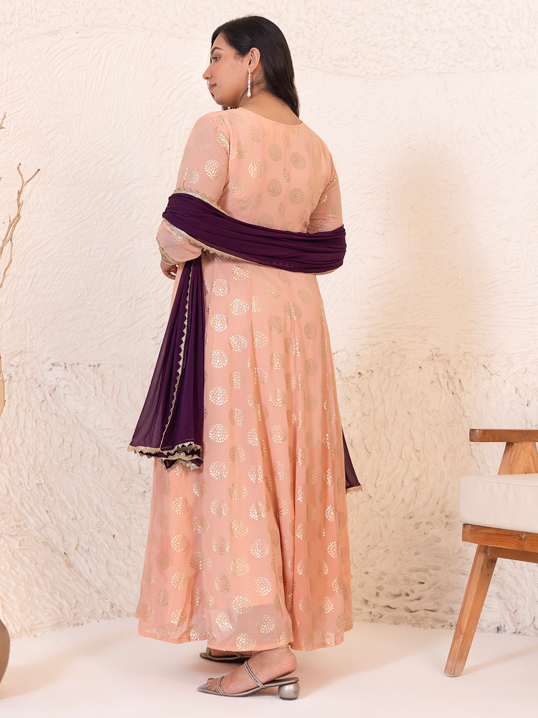 Janasya Peach Georgette Foil Printed Set | Swadesiicart