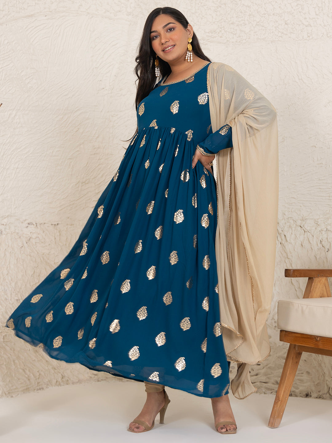 Janasya Teal Blue Georgette Foil Printed Set | Swadesiicart