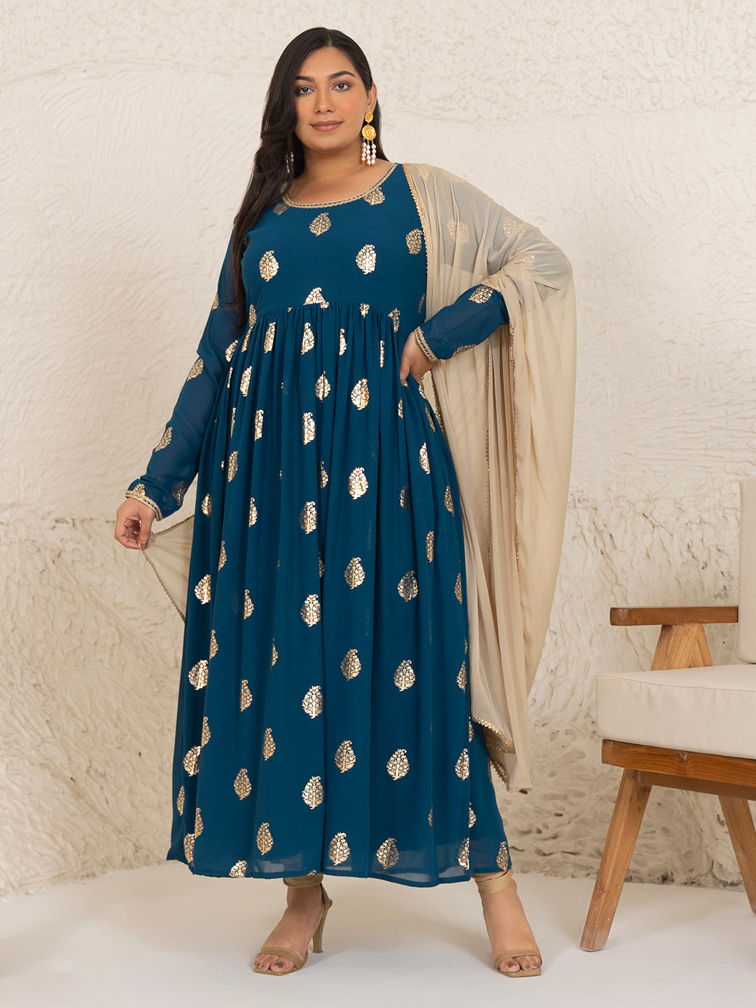 Janasya Teal Blue Georgette Foil Printed Set | Swadesiicart