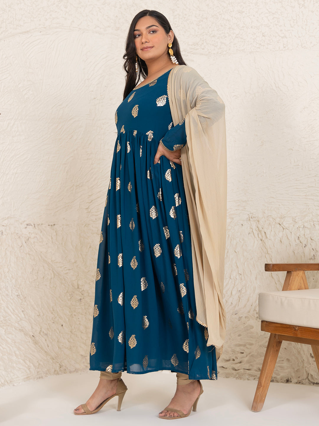 Janasya Teal Blue Georgette Foil Printed Set | Swadesiicart