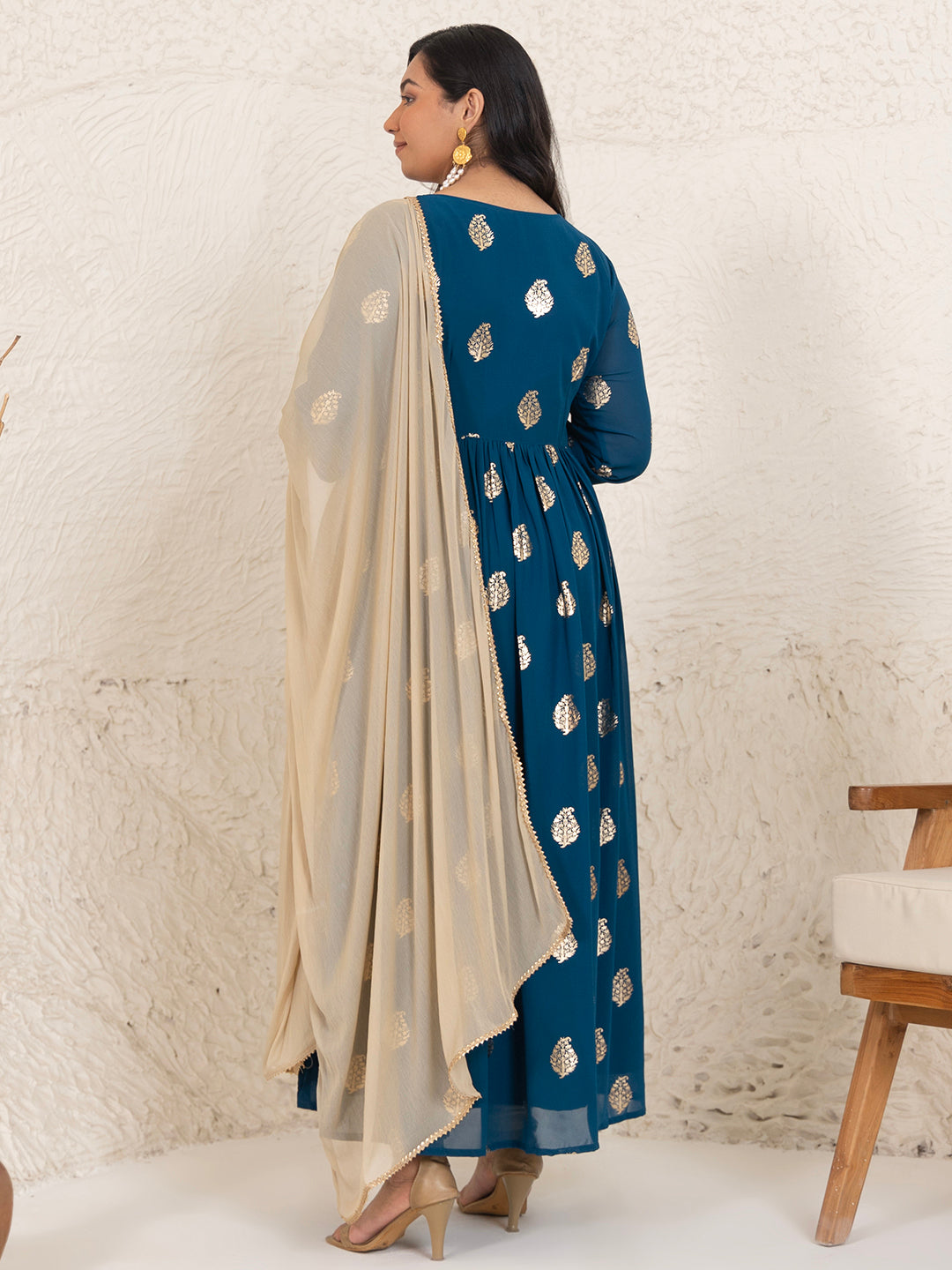 Janasya Teal Blue Georgette Foil Printed Set | Swadesiicart
