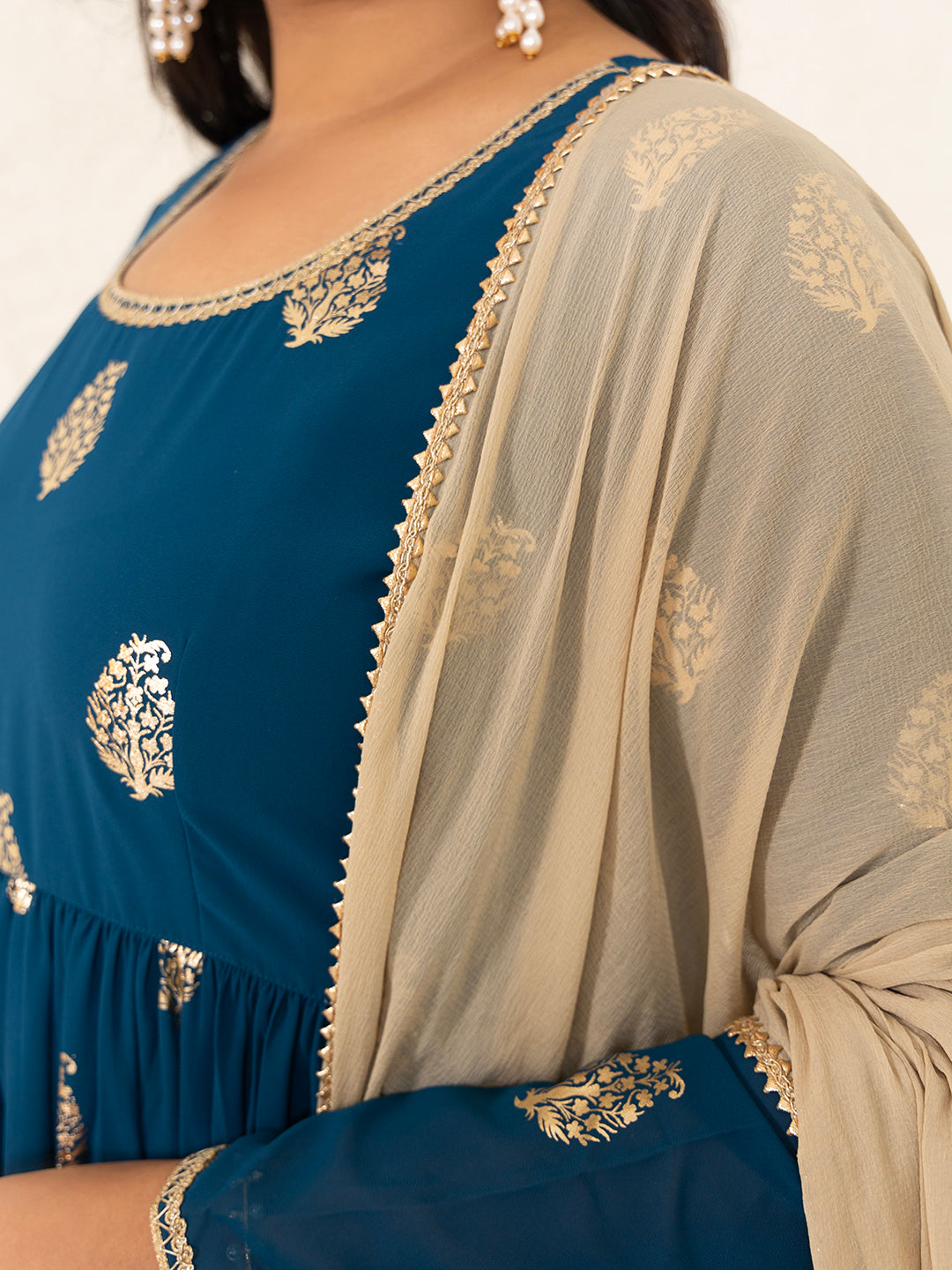Janasya Teal Blue Georgette Foil Printed Set | Swadesiicart
