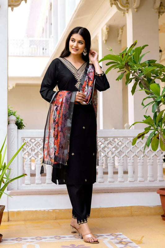 The52 Black Women's Beautiful Viscose Chanderi Fabric Embroidered Work Straight Kurta Pant and Dupatta Set - Swadesiicart