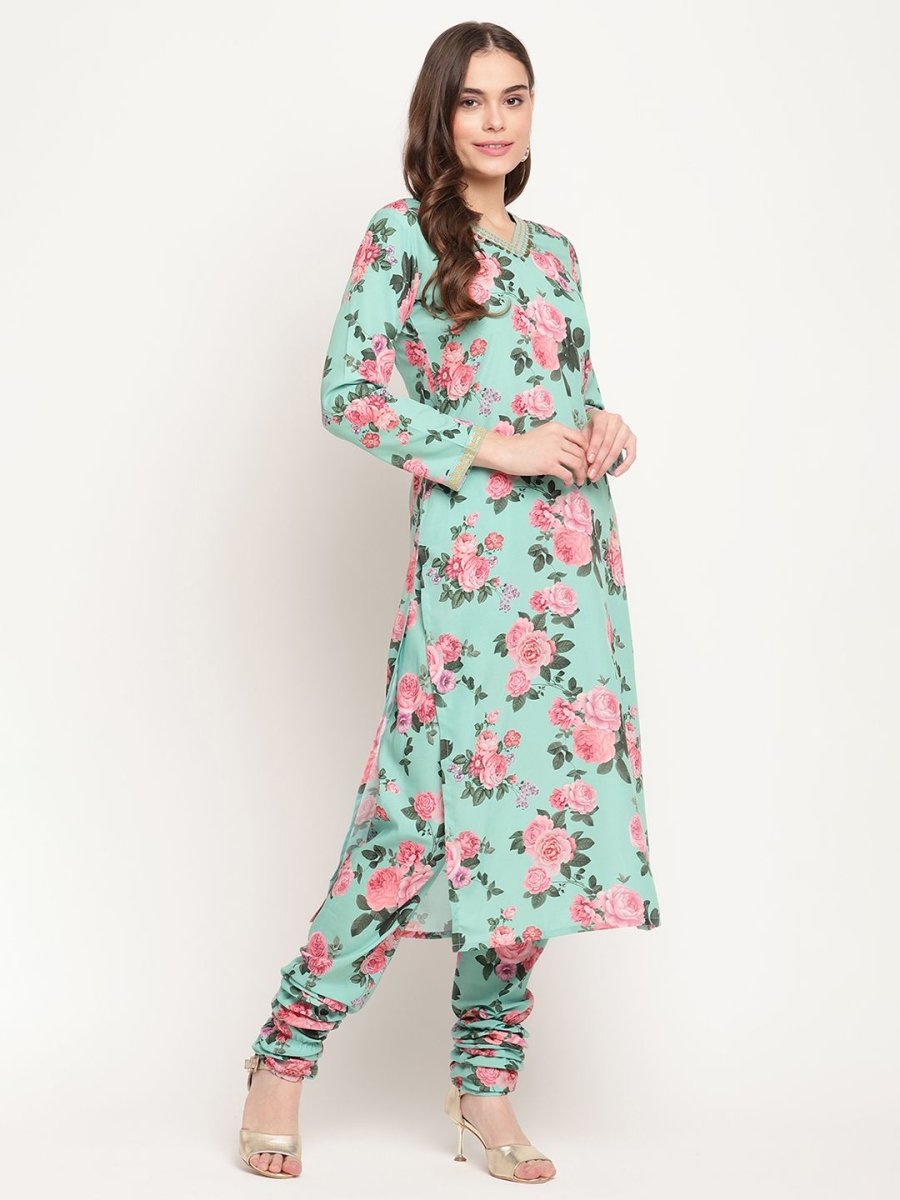 Ahalyaa Women Green Floral Printed Regular Kurta Churidar Set & With Dupatta | Swadesiicart