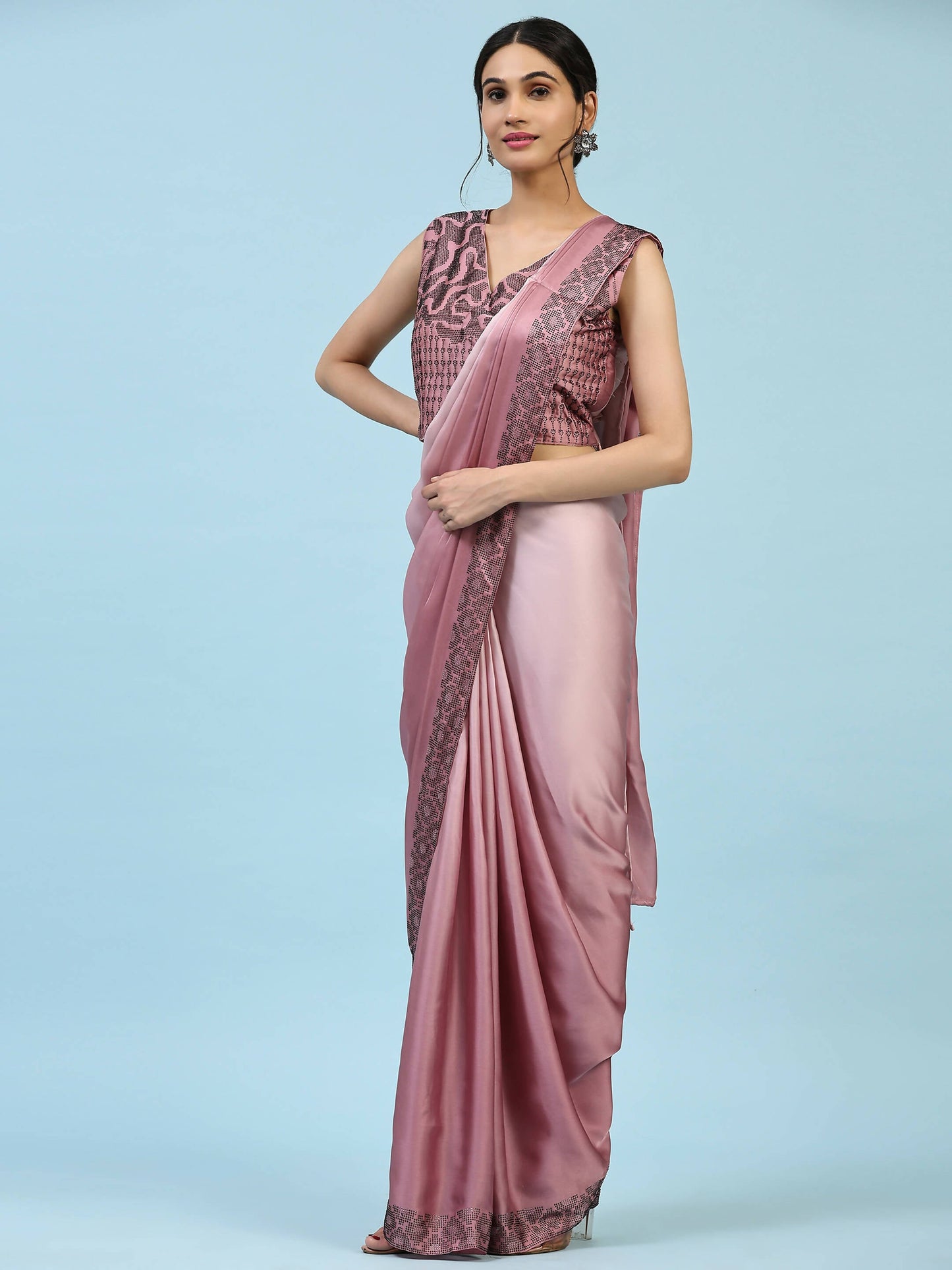 Purple Ombre Satin Georgette Plain Ready to wear Saree with stitched Blouse - Vrinda | Swadesiicart