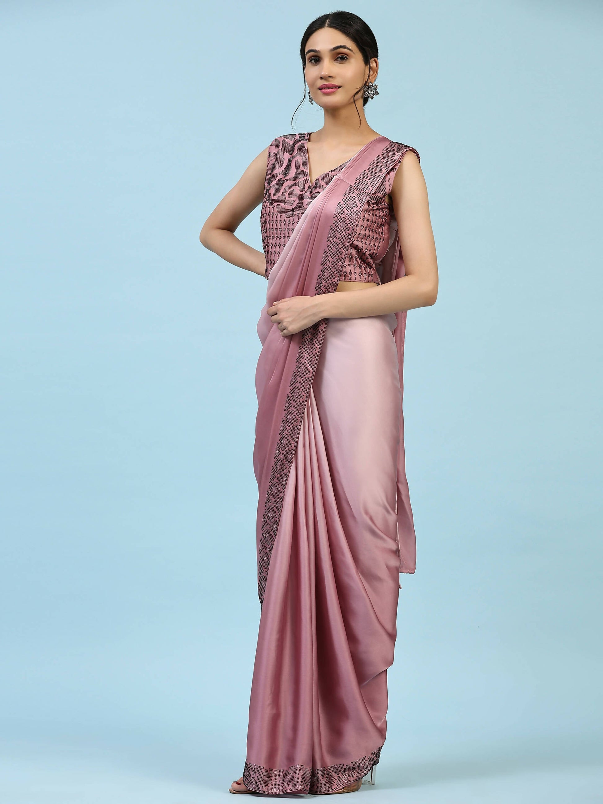 Purple Ombre Satin Georgette Plain Ready to wear Saree with stitched Blouse - Vrinda | Swadesiicart