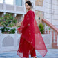 The52 Red Beautiful Embroidered Chanderi Fabric Flared Kurta, Pant and Dupatta Set - Swadesiicart