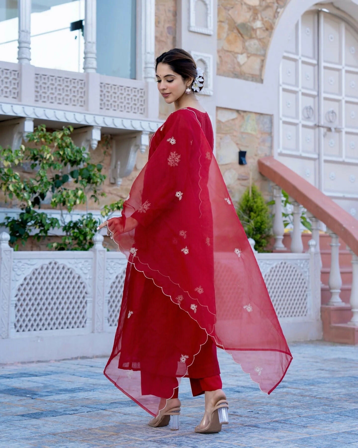 The52 Red Beautiful Embroidered Chanderi Fabric Flared Kurta, Pant and Dupatta Set - Swadesiicart