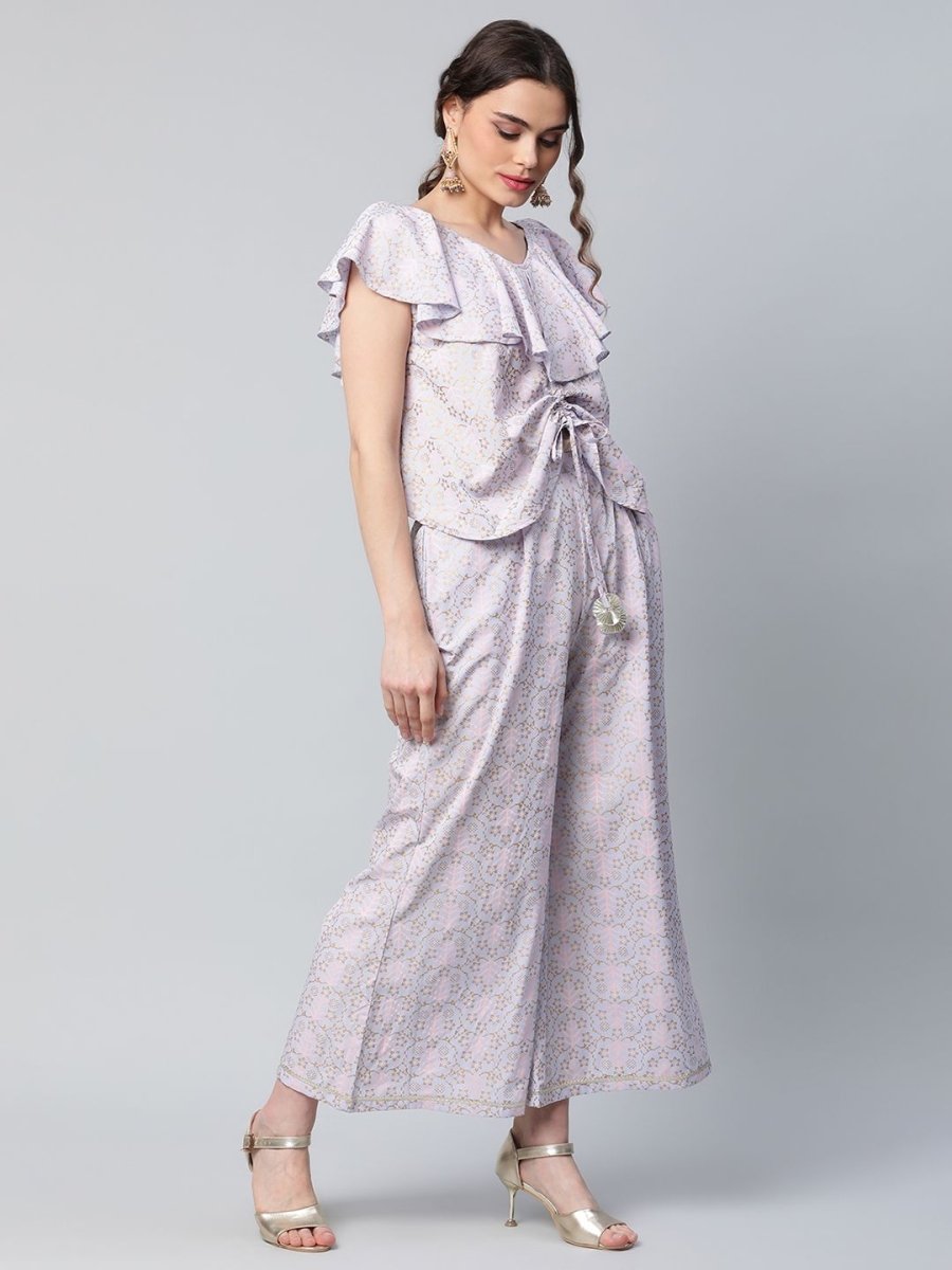 Ahalyaa Women Powder Blue Crepe Khari Printed Top with Palazzo Set | Swadesiicart
