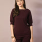 Myshka Women's Coffee Brown Solid Boat Neck Party Top With Trousers Co-ord set - Swadesiicart