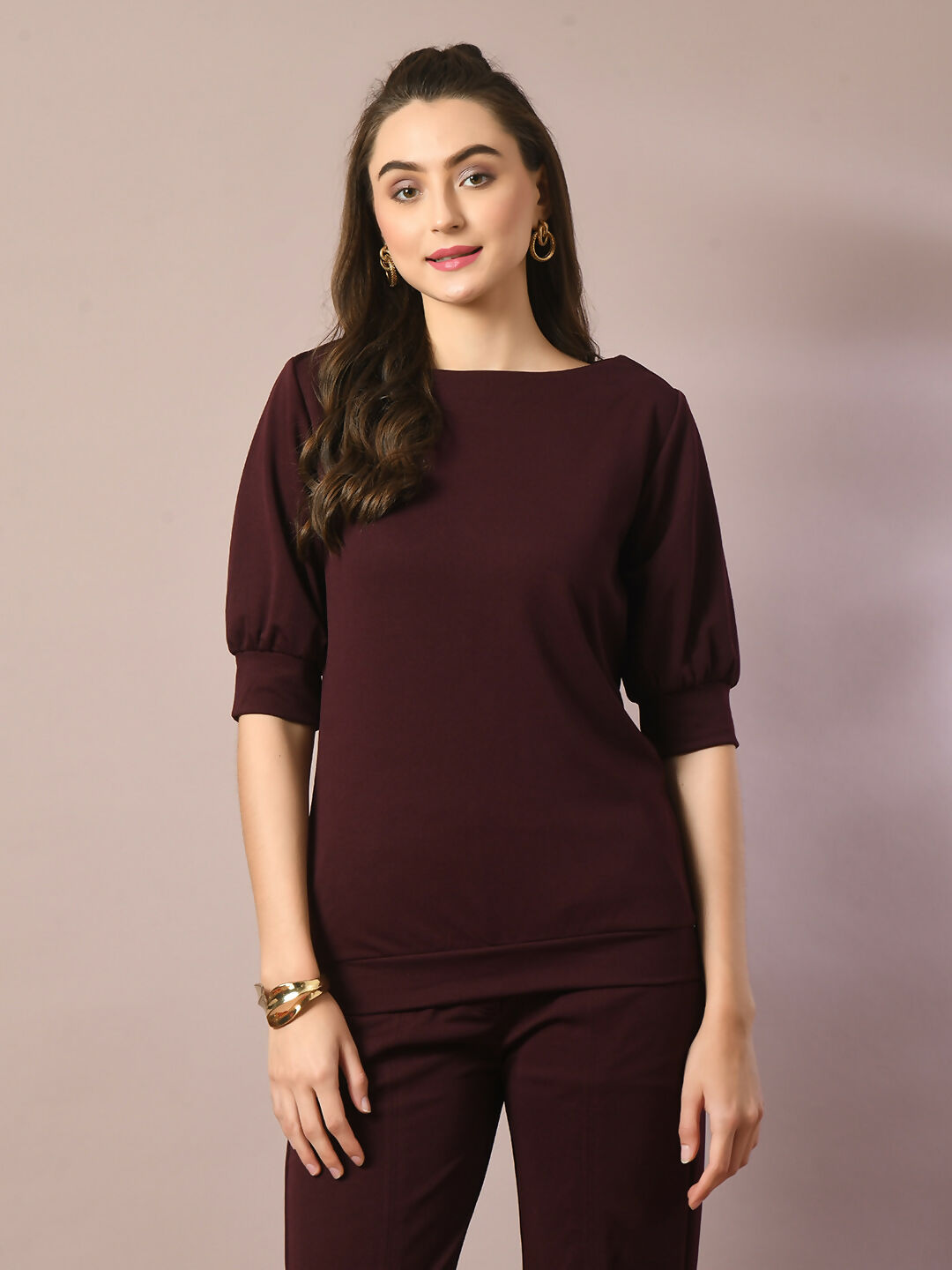 Myshka Women's Coffee Brown Solid Boat Neck Party Top With Trousers Co-ord set - Swadesiicart