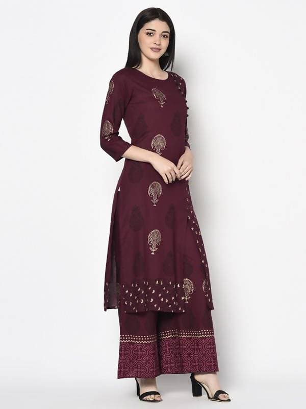 Aniyah Rayon Wine Color Block Print Straight Kurta (AN-175K) - Swadesiicart