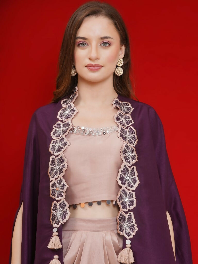 Joban Fashion Purple and Rose Gold Skirt set with Cape - Swadesiicart