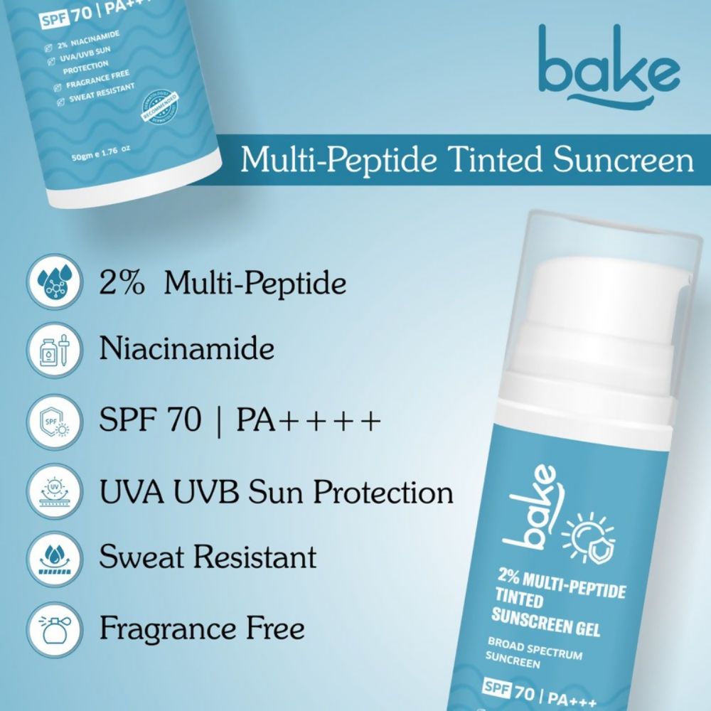 Bake 2% Multi Peptide Tinted Sunscreen Gel SPF 70 PA+++ | Swadesiicart