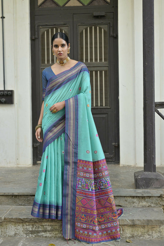 Vishnu Weaves Women's Firozi Handloom Raw Silk Saree with Blouse - Swadesiicart