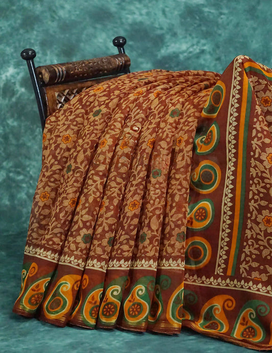 Maroon Brown Mix Floral PrintSemi Chanderi Saree By Gayathri Reddy Designer Studio | Swadesiicart