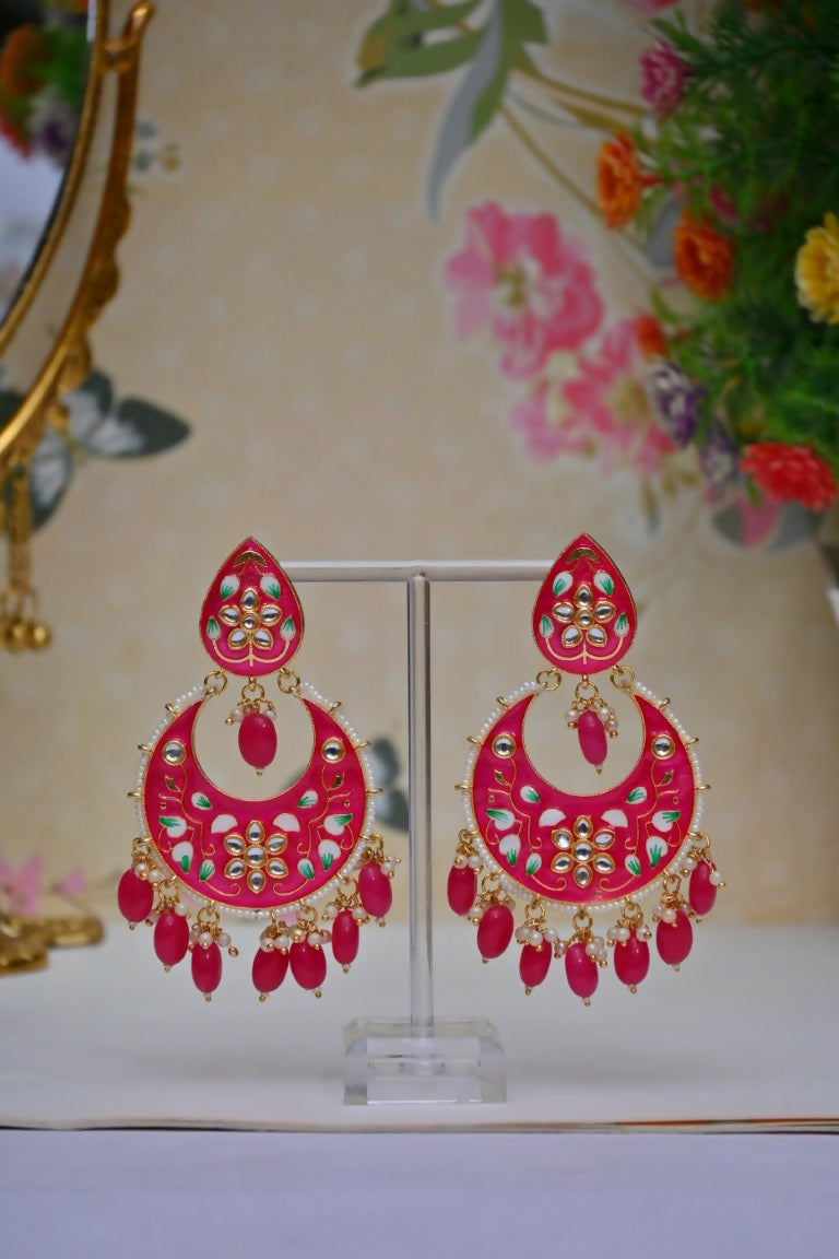 Pink Gold-Polished Brass & Pearl Dangle Women Earrings| Hand Painted Meenakari Chandbali Traditional Ethnic Wear Earrings By House of Ree - Swadesiicart
