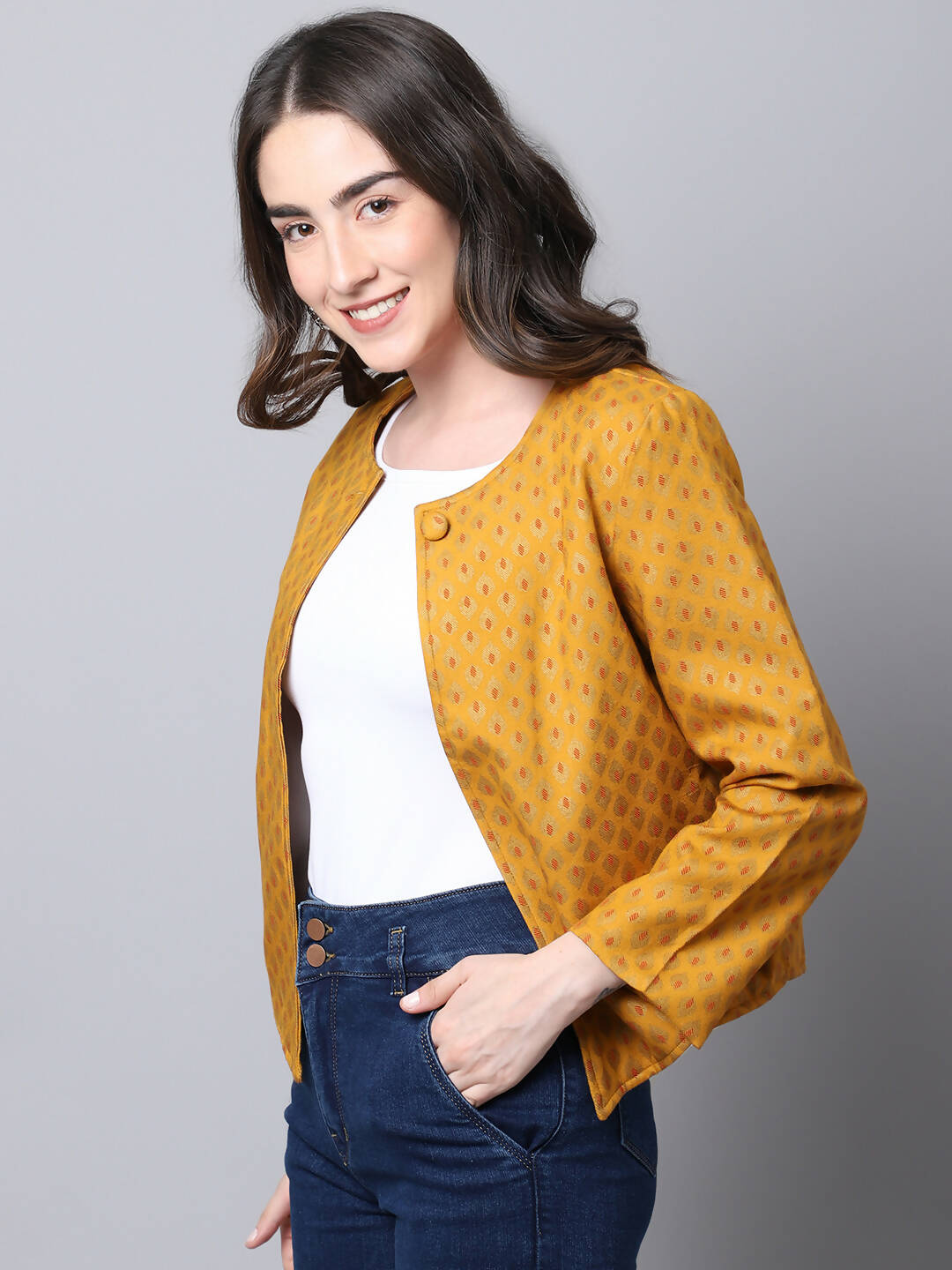 Even Apparels Yellow 100% Viscose Open Front Statement Women's Jacket | Swadesiicart