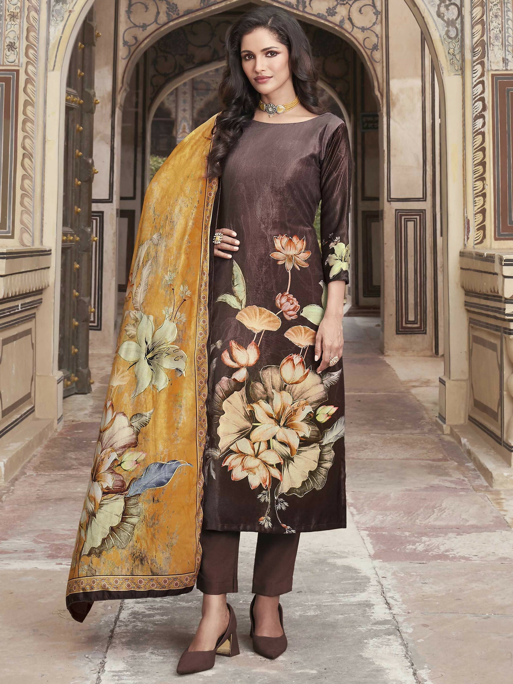 Jyoti Fashion Women's Brown Velvet Floral Digital Printed Kurta with Trouser & Dupatta | Swadesiicart