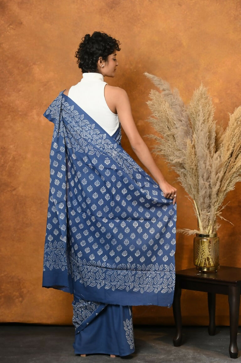 Very Much Indian Handblock Printed Cotton Saree With Natural Dyes - Cyan Blue | Swadesiicart