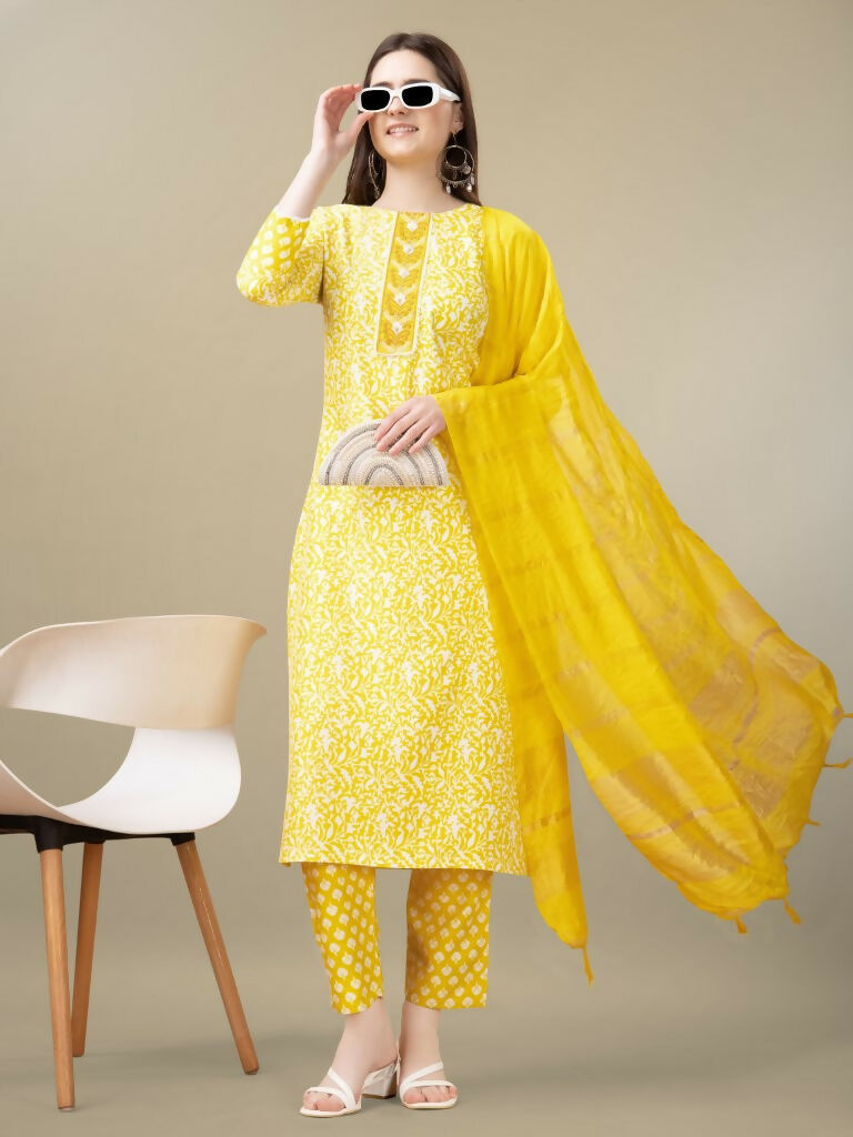 Jyoti Fashion Women's Yellow Rayon Embroidery & Sequence work Kurta with Trouser & Dupatta | Swadesiicart