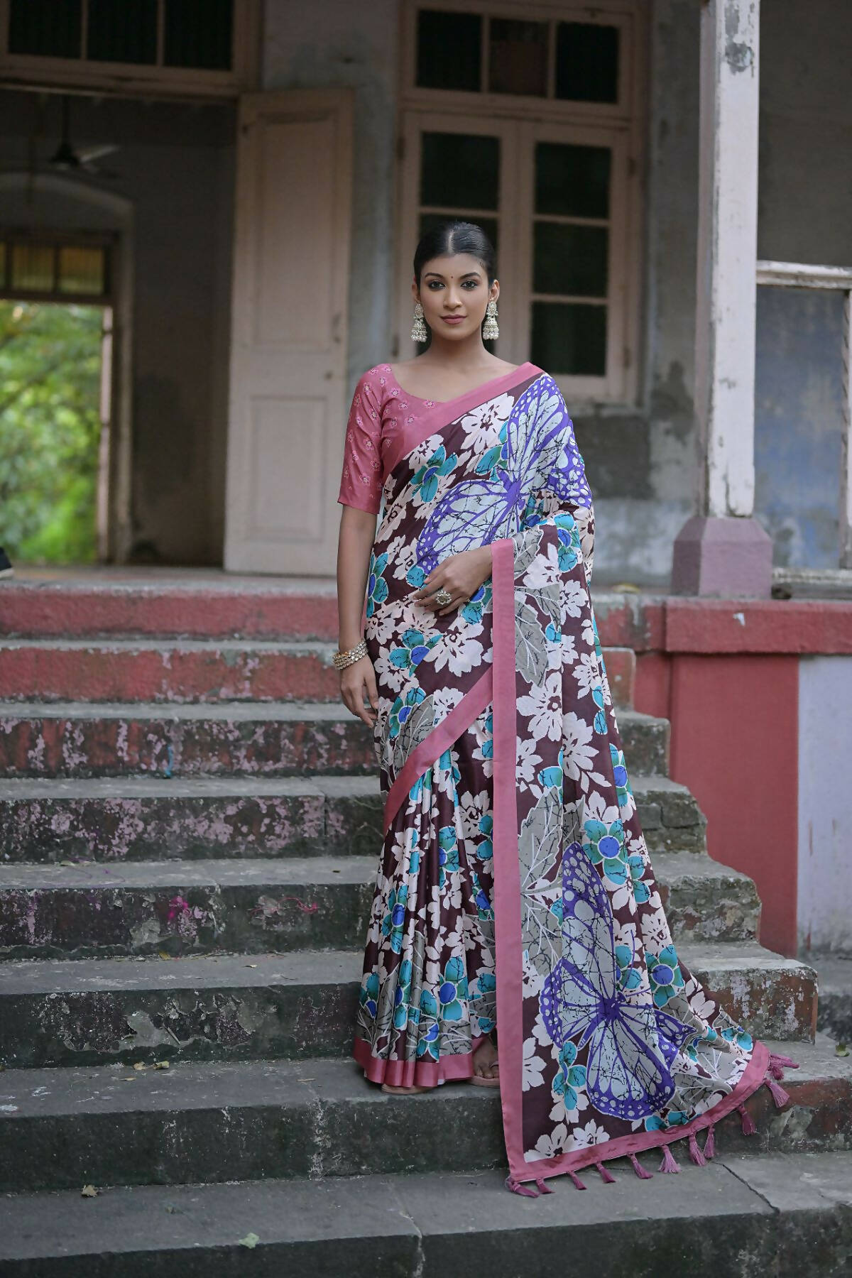 Vishnu Weaves Women's Coffee Cotton Silk Printed Saree with Blouse - Swadesiicart