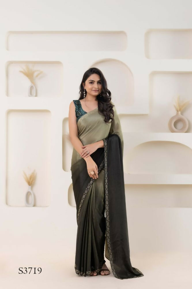 Grey Satin Pedding Designer, Printed Party Wear Ready To Wear Saree - Femina | Swadesiicart