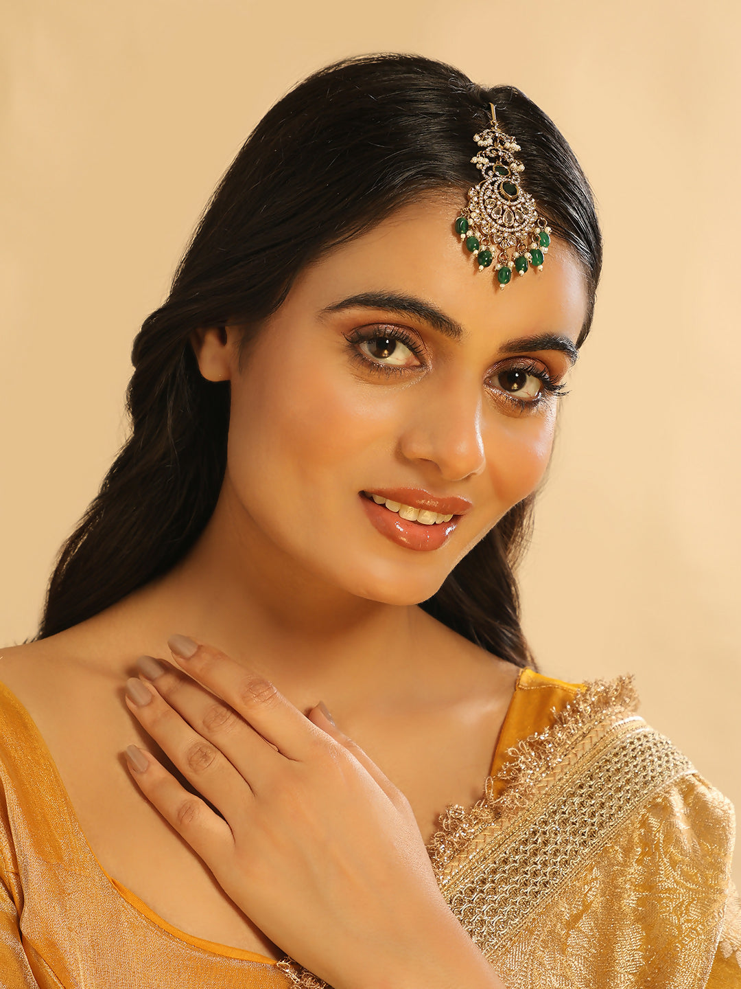 Nuyug 18K Gold Plated Ethereal Green Stone Maang Tikka | Swadesiicart