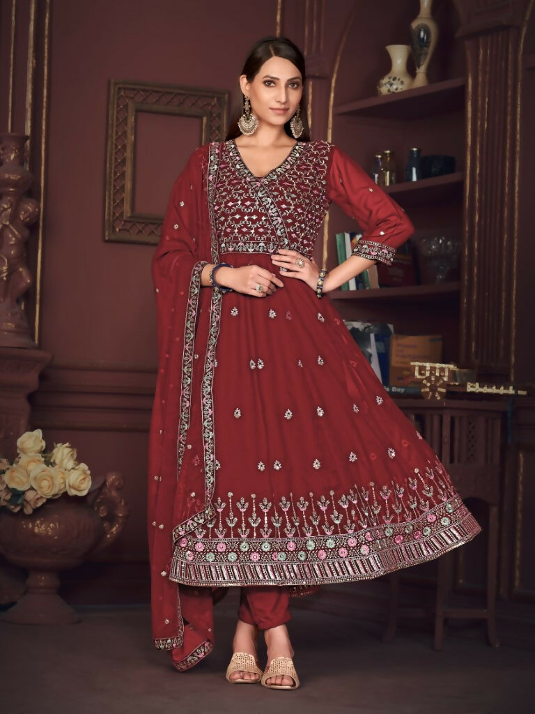 Jyoti Fashion Women's Maroon Georgette Embroidered Anarkali Kurta Pant Set With Dupatta | Swadesiicart