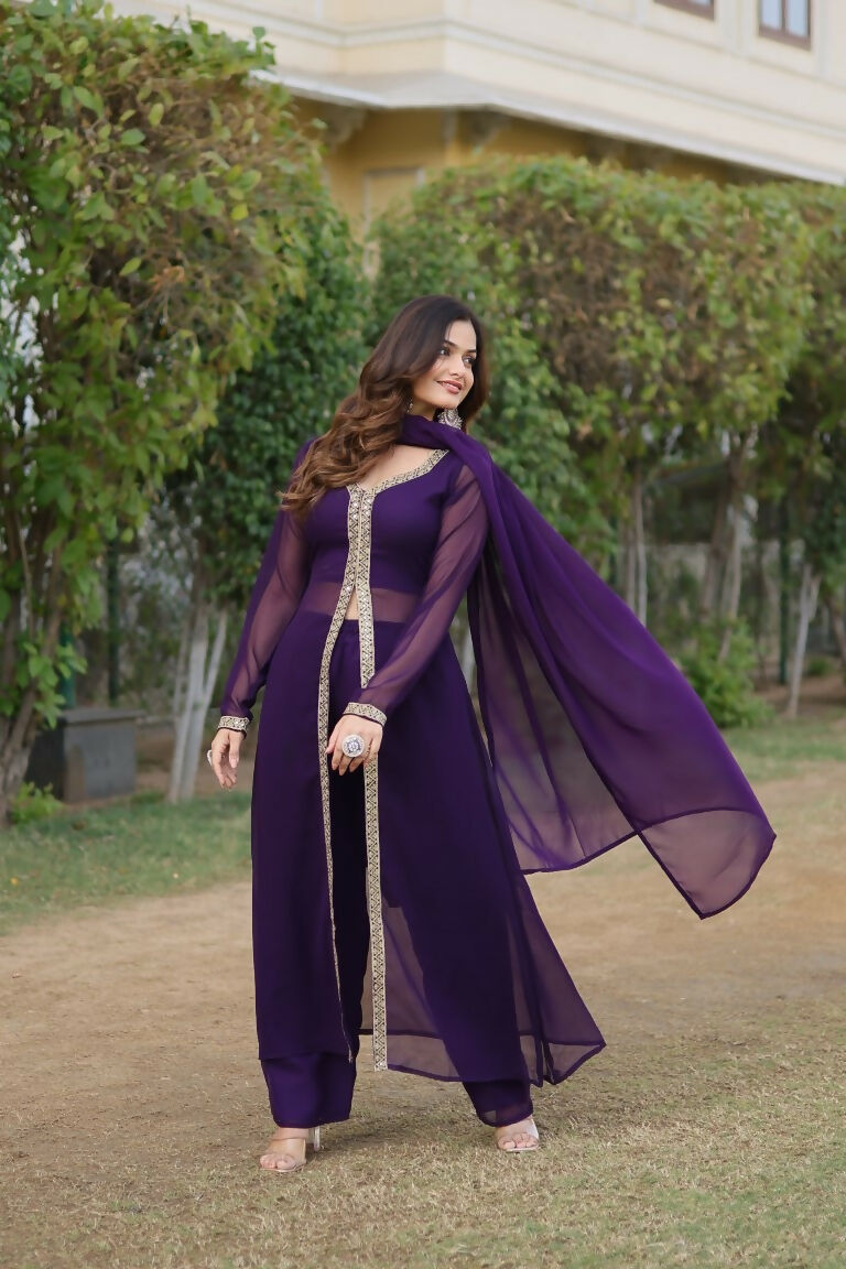 Jyoti Fashion Women's Purple Faux Blooming Embroidered Kurta with Trouser & Dupatta | Swadesiicart