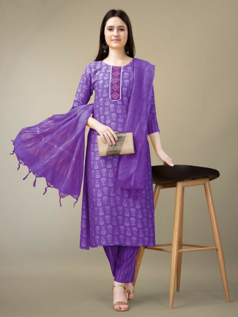 Jyoti Fashion Women's Purple Rayon Embroidery & Sequence work Kurta with Trouser & Dupatta | Swadesiicart