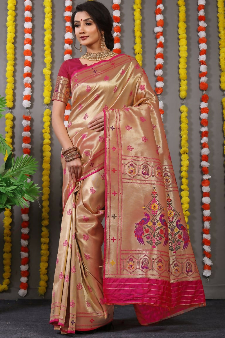 Jyoti Fashion Women's Rani Pink Paithani Silk Zari Woven Saree with Blouse | Swadesiicart