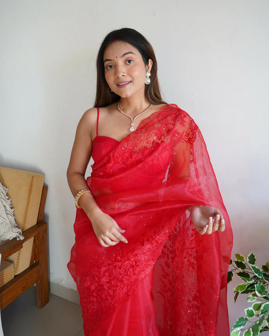 Vamsee Anushka Red Organza Saree - Swadesiicart