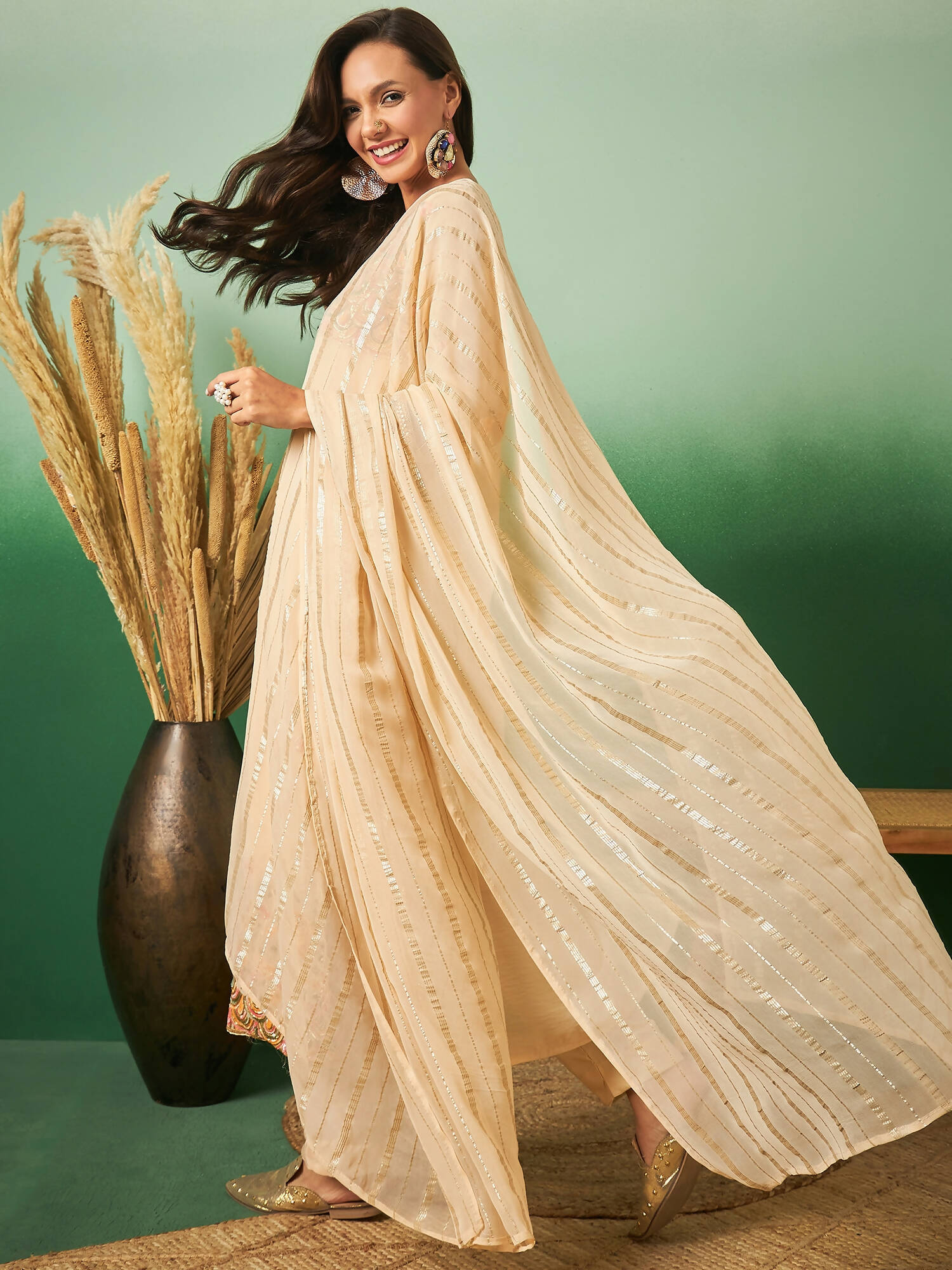 Light Orange Georgette Handwork Unstitched Dress Material - Hanika | Swadesiicart