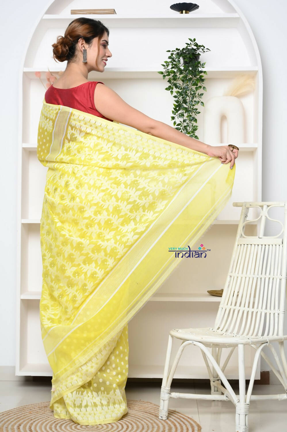 Very Much Indian Jamdhani Cotton Saree With Polka Dot Pallu - Lime Yellow | Swadesiicart