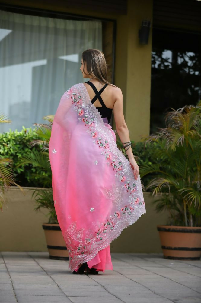 Vamsee Sanyogita Sanyogita - Pink Organza Saree - Swadesiicart