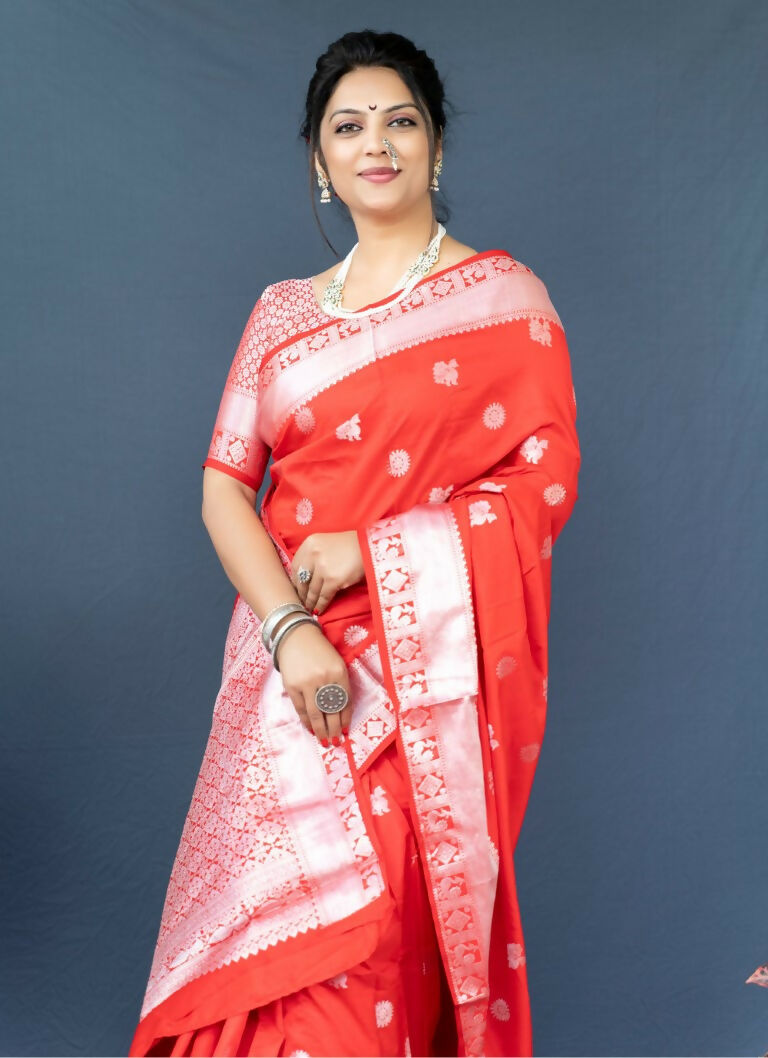 Jyoti Fashion Women's Red Soft Banarasi Silk Zari Woven Saree with Blouse | Swadesiicart
