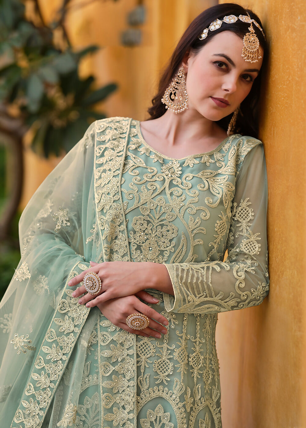 Light Green Pure Butterfly Net Wedding Wear Anarkali Suit - Emponline | Swadesiicart