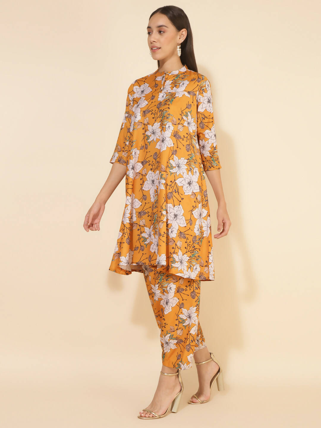 Janasya Women's Mustard Moss Digital Floral Printed Casual A-line Co-ords - Swadesiicart