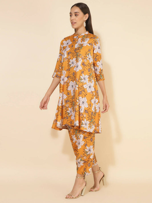 Janasya Women's Mustard Moss Digital Floral Printed Casual A-line Co-ords - Swadesiicart