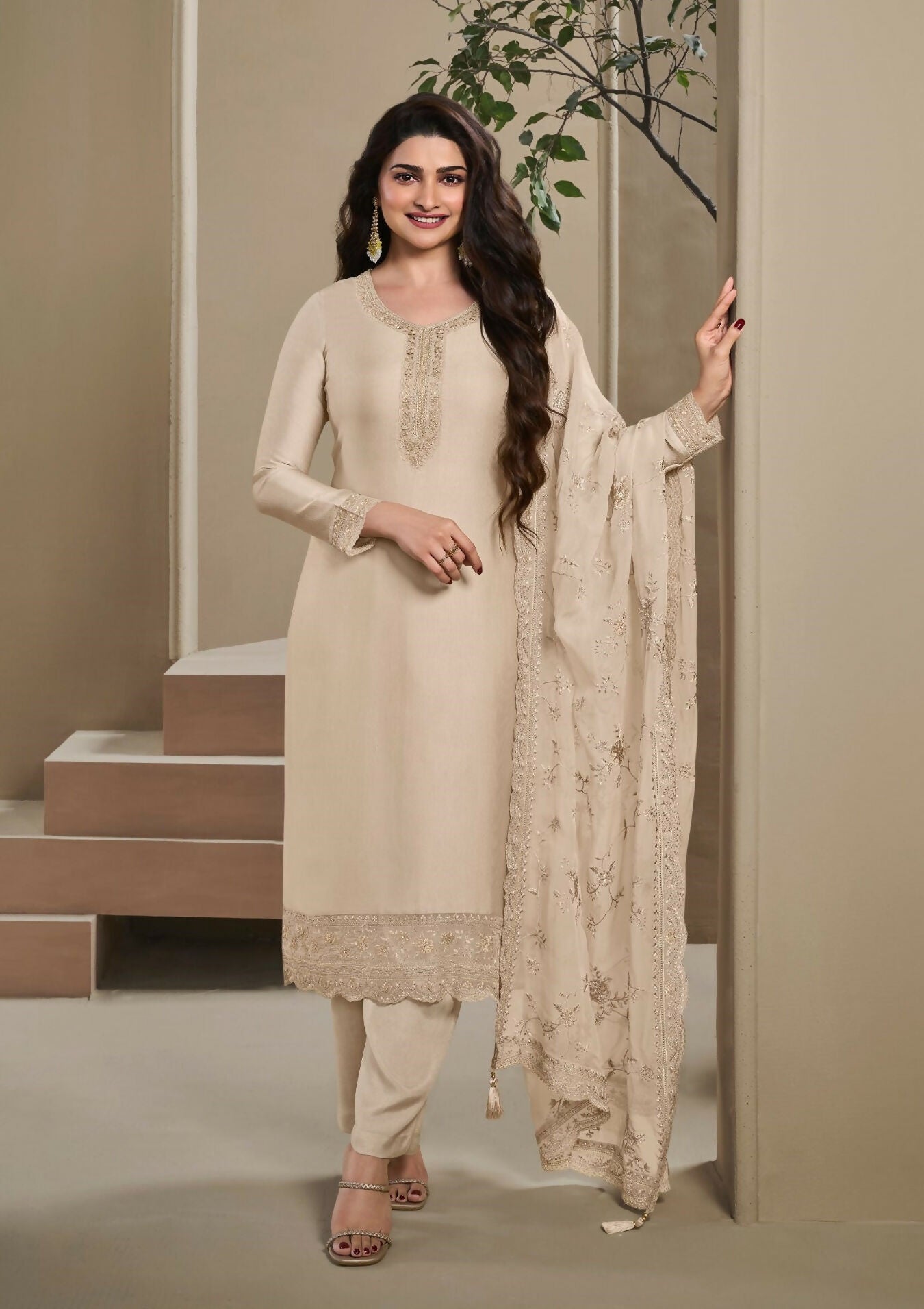 Anaita Beige Heavy Natural Crepe Stitched Suit with Embroidery & Zarkhan Work