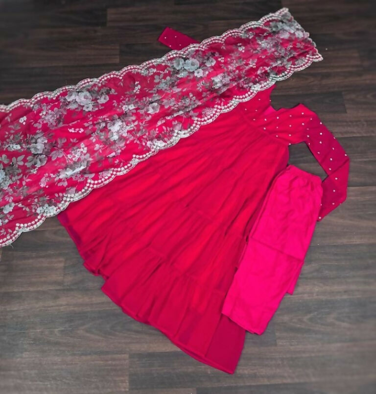 Jyoti Fashion Women's Pink Faux Blooming Butti Work Kurta with Trouser & Dupatta | Swadesiicart