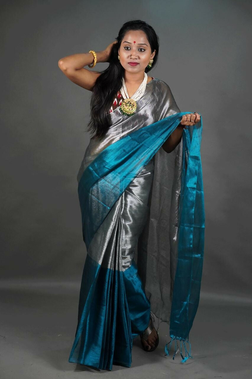 Exclusive Collection Beautiful Gray Green Tissue Silk Hand Weaving Handloom Saree With Running Blouse Piece - Swadesiicart
